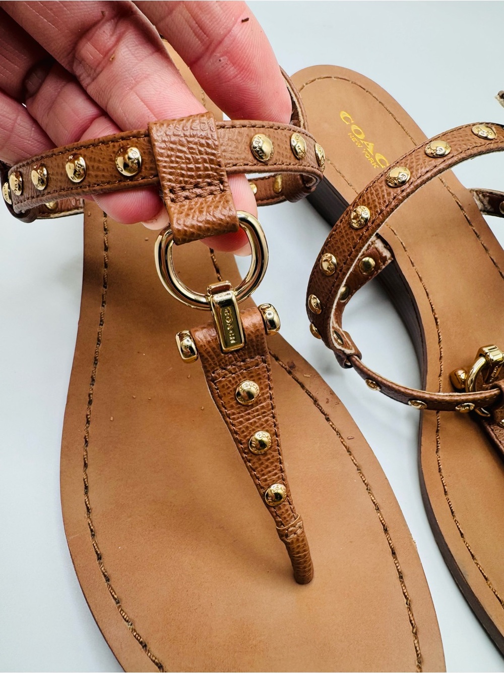 Coach Brown Leather Studded T-Strap Sandals with Gold Hardware